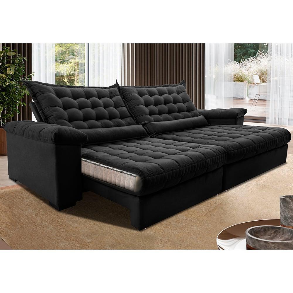 Sofá Retrátil e Reclinável 2,15m Molas Ensacadas Cama inBox Big Space com Bordado 3D Velusoft Preto - 1