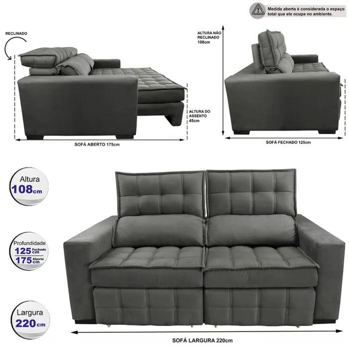 Sofá Retrátil e Reclinável 2,20m Molas Ensacadas e Costura Tripla Cama inBox Japão Velusoft Cinza - 2