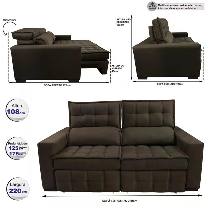 Sofá Retrátil e Reclinável 2,20m Molas Ensacadas e Costura Tripla Cama inBox Japão Velusoft Café - 2
