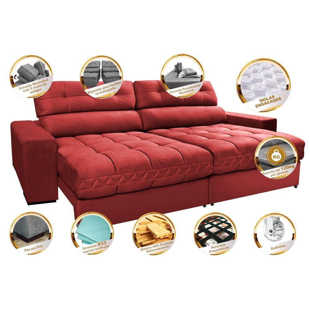 Sofá Retrátil e Reclinável 2,12m Molas Ensacadas Cama inBox Brasil Velusoft Vermelho - 3