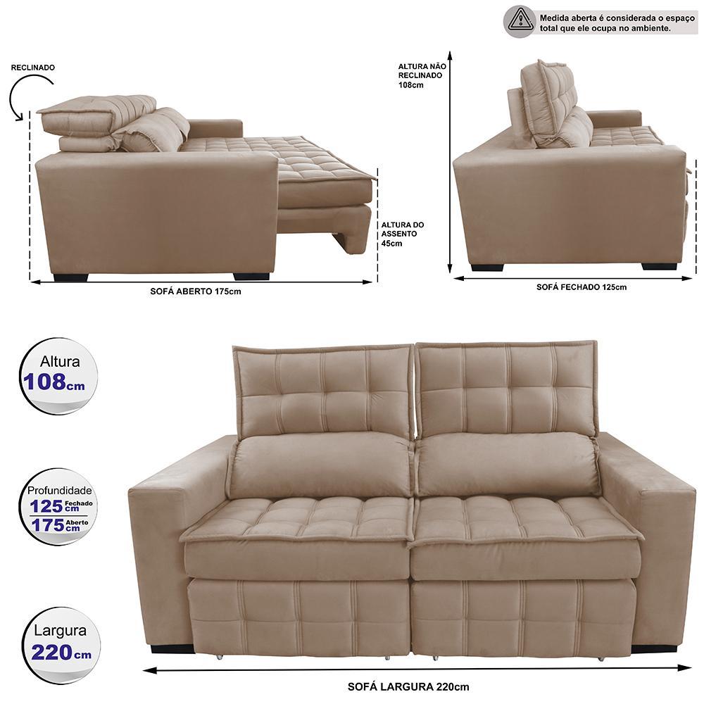Sofá Retrátil e Reclinável 2,20m Molas Ensacadas e Costura Tripla Cama inBox Nobre Suede Bege - 2