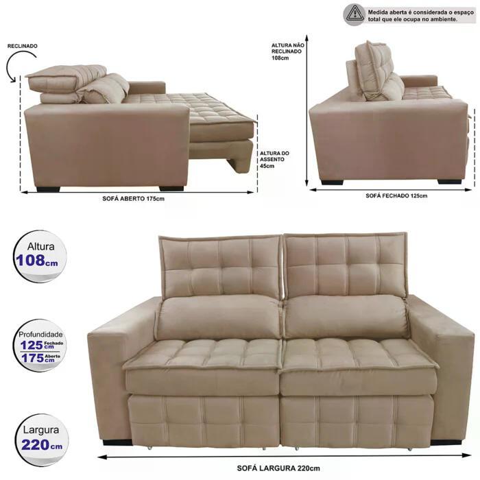 Sofá Retrátil e Reclinável 2,20m Molas Ensacadas e Costura Tripla Cama inBox Japão Velusoft Bege - 2