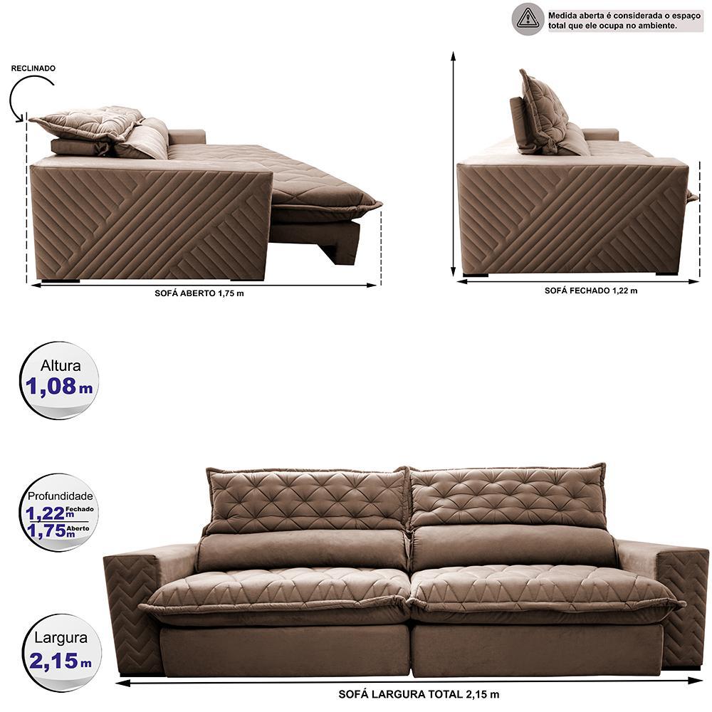 Sofá Retrátil e Reclinável 2,15m Molas Ensacadas Cama inBox Spazus com Bordado 3D Velusoft Castor - 2