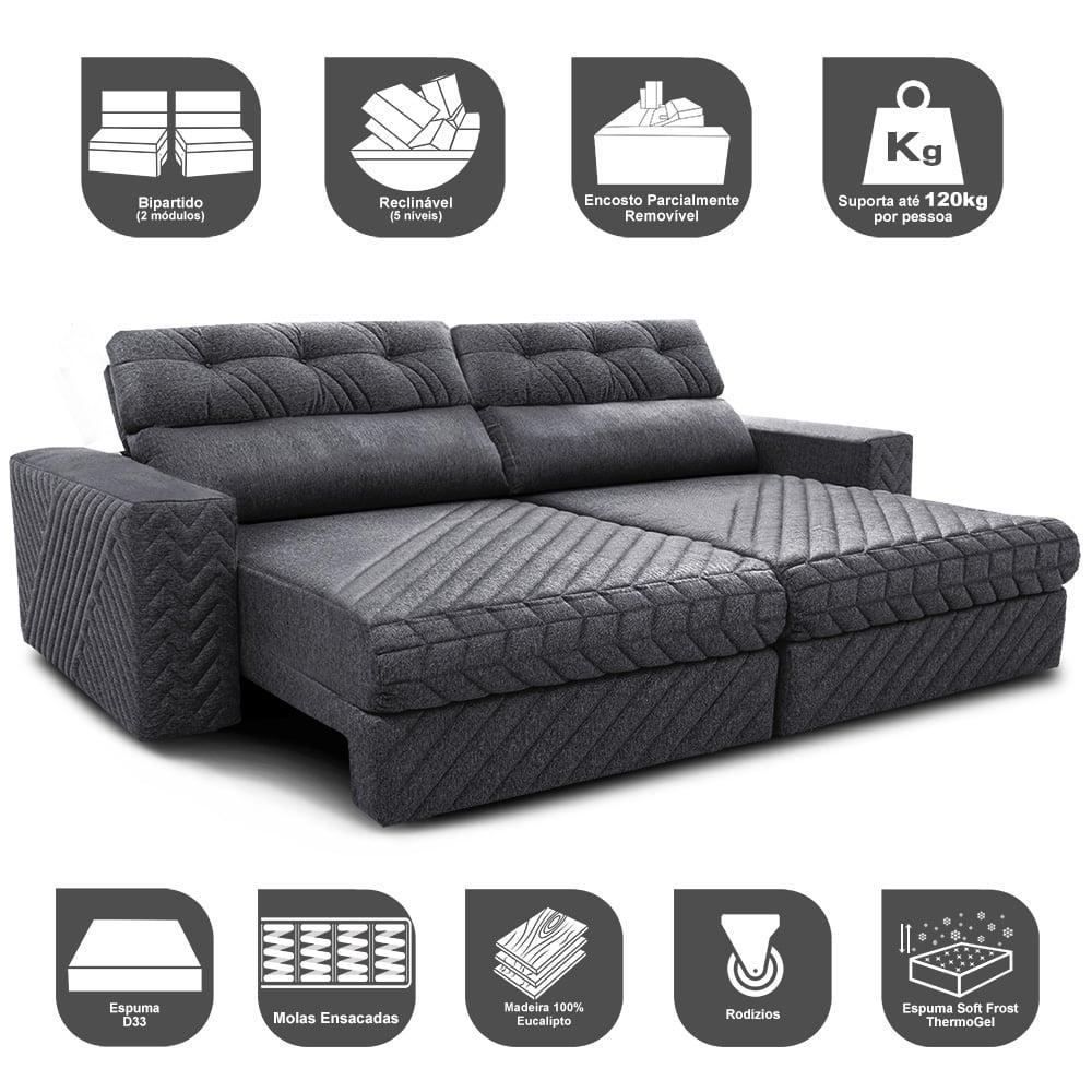Sofá Retrátil e Reclinável 2,15m Molas Ensacadas Cama inBox Style Thermo Gel Linho Cinza Escuro - 3