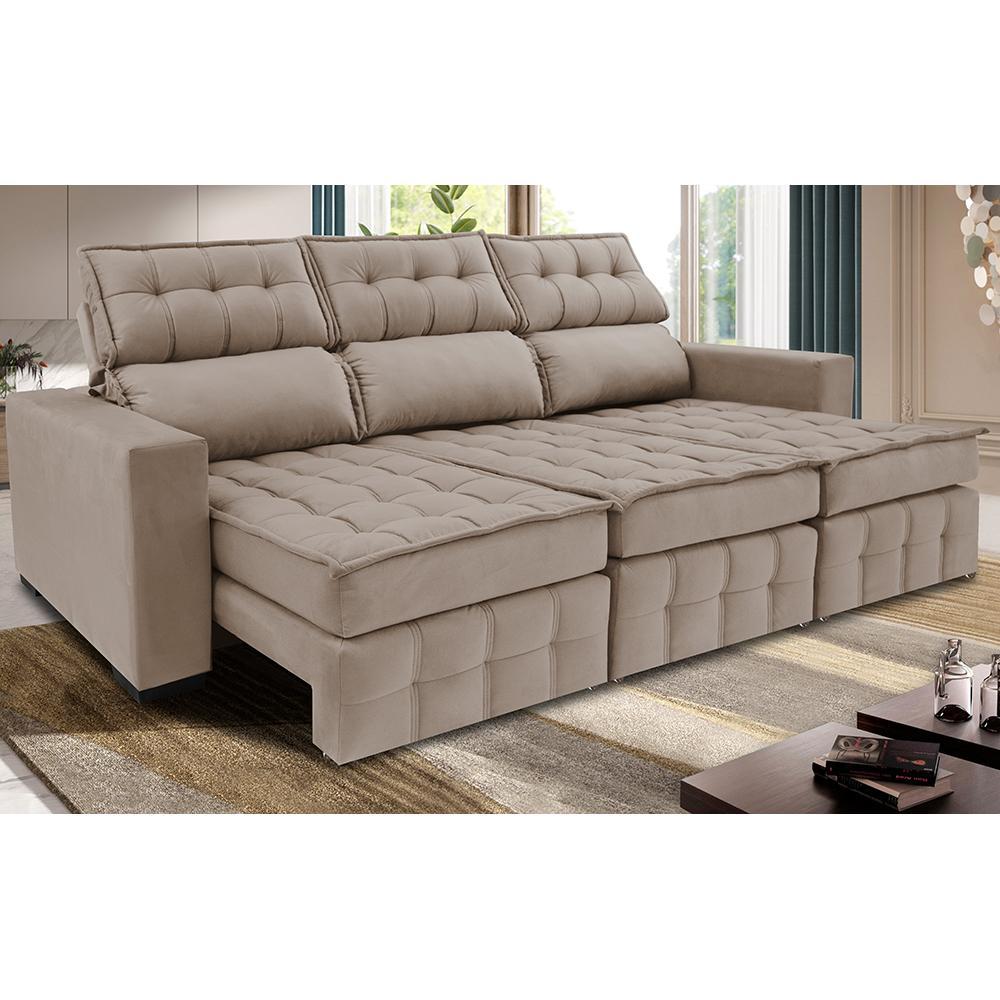 Sofá Retrátil e Reclinável 2,50m Molas Ensacadas e Costura Tripla Cama inBox Nobre Suede Bege - 1