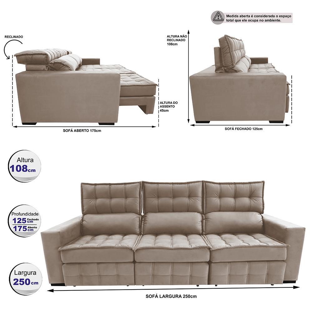 Sofá Retrátil e Reclinável 2,50m Molas Ensacadas e Costura Tripla Cama inBox Nobre Suede Bege - 2
