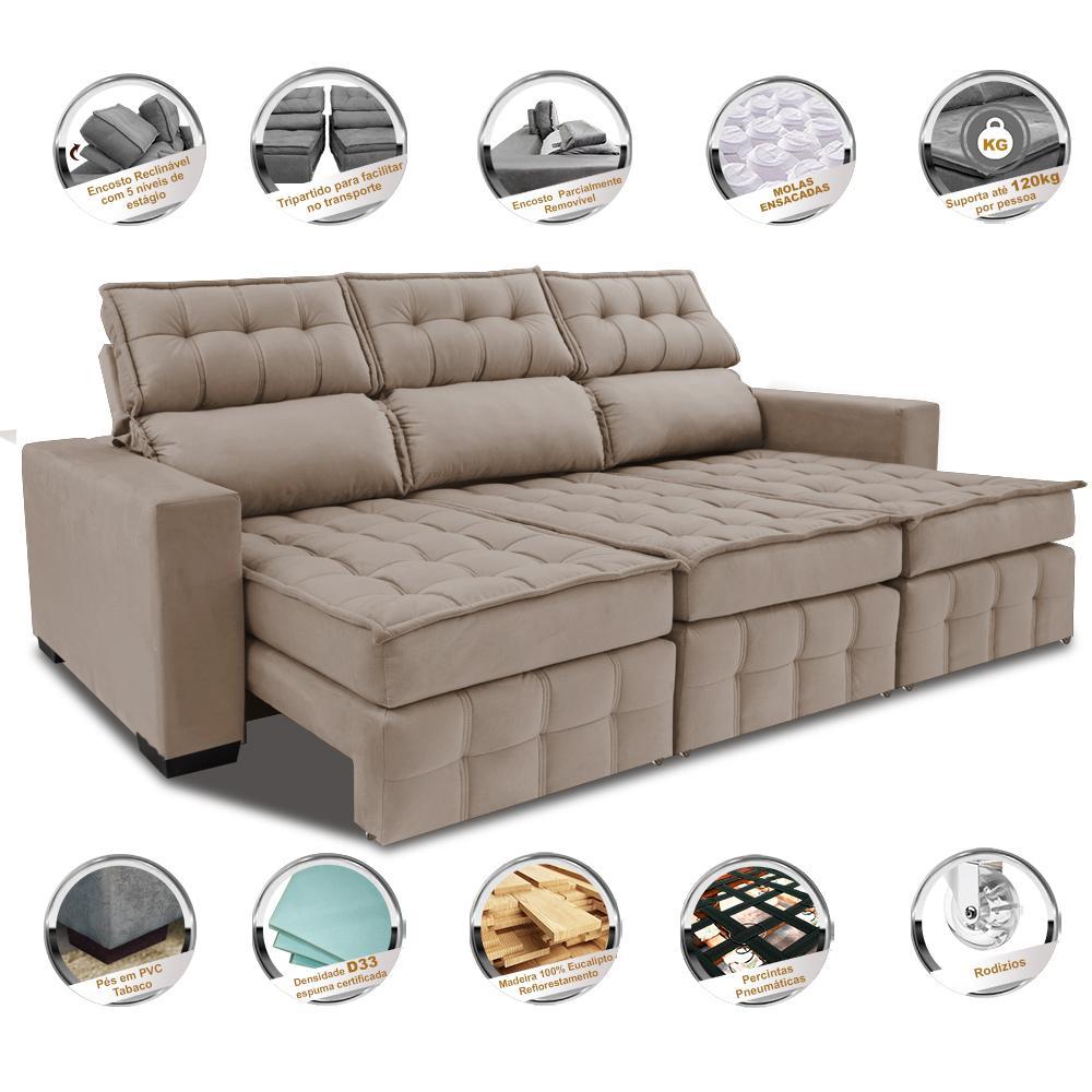 Sofá Retrátil e Reclinável 2,50m Molas Ensacadas e Costura Tripla Cama inBox Nobre Suede Bege - 3