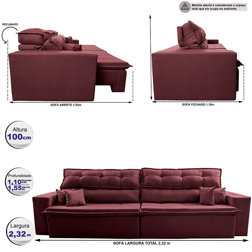 Sofá Retrátil e Reclinável 2,32m Luxos Cama inBox Velusoft Vinho - 3