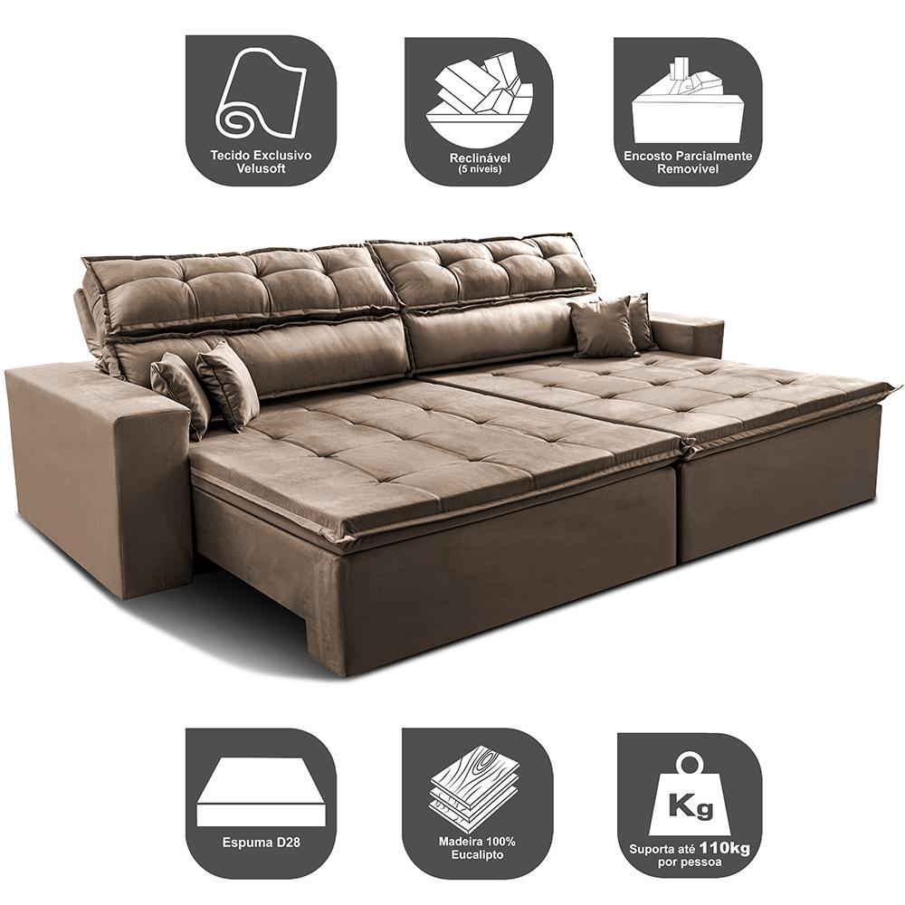Sofá Retrátil e Reclinável 2,32m Luxos Cama inBox Velusoft Castor - 4
