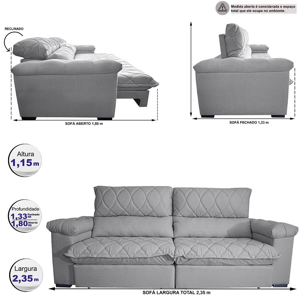 Sofá Retrátil e Reclinável 2,35m Molas Ensacadas Cama inBox Big Home com Bordado 3D Linho Cinza Claro - 2