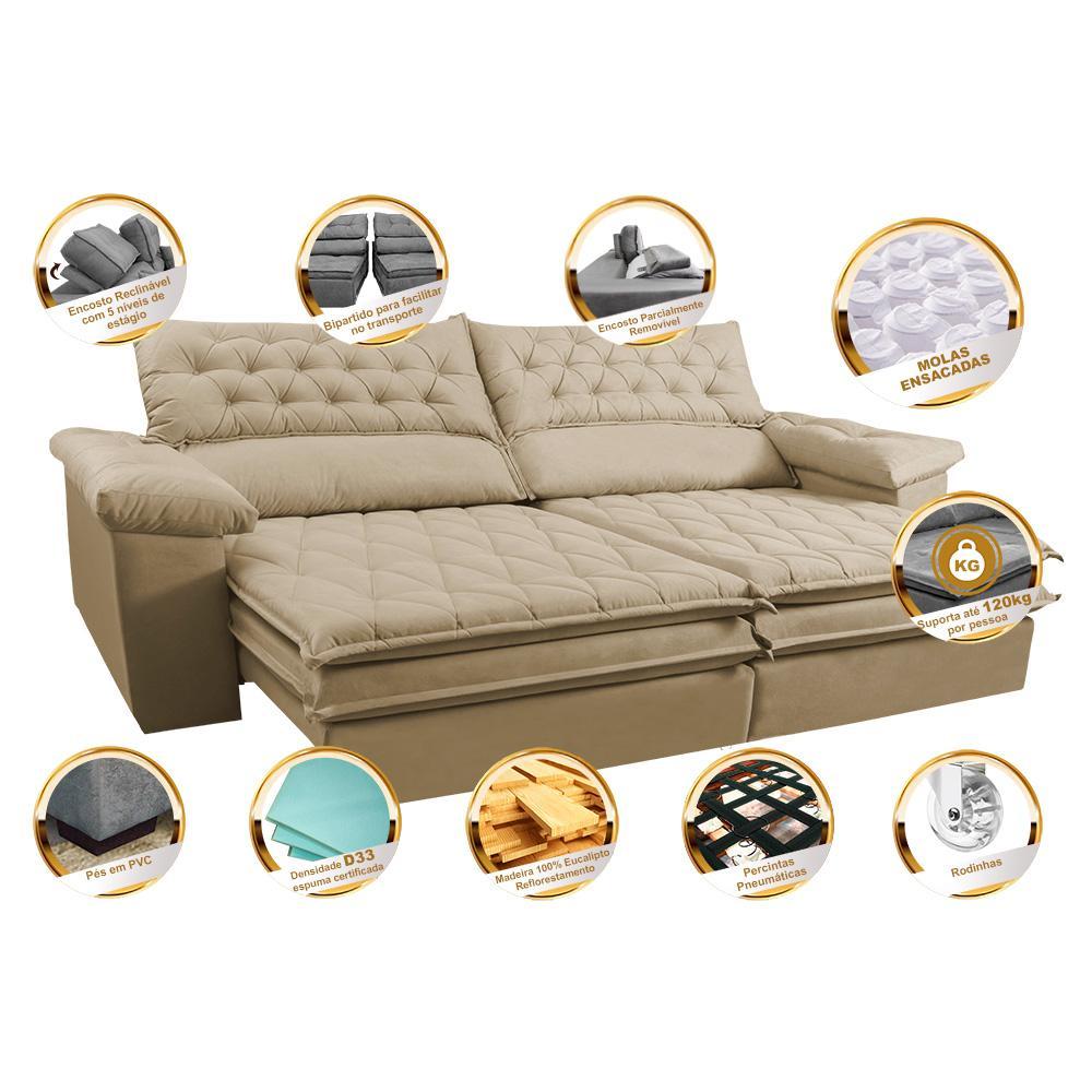 Sofá Retrátil e Reclinável 2,32m Molas Ensacadas Cama inBox Alemanha com Espuma Viscoelástico Velusoft Bege - 3