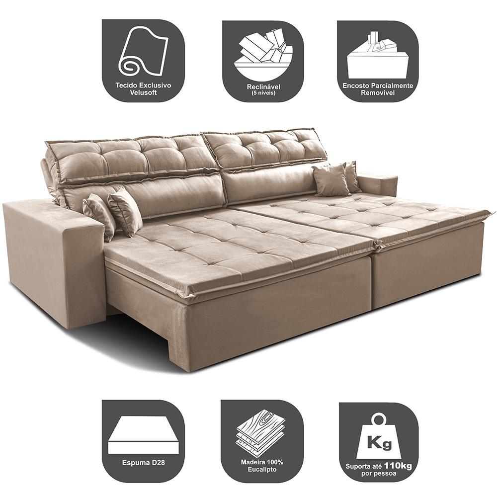 Sofá Retrátil e Reclinável 2,32m Luxos Cama inBox Velusoft Bege - 4