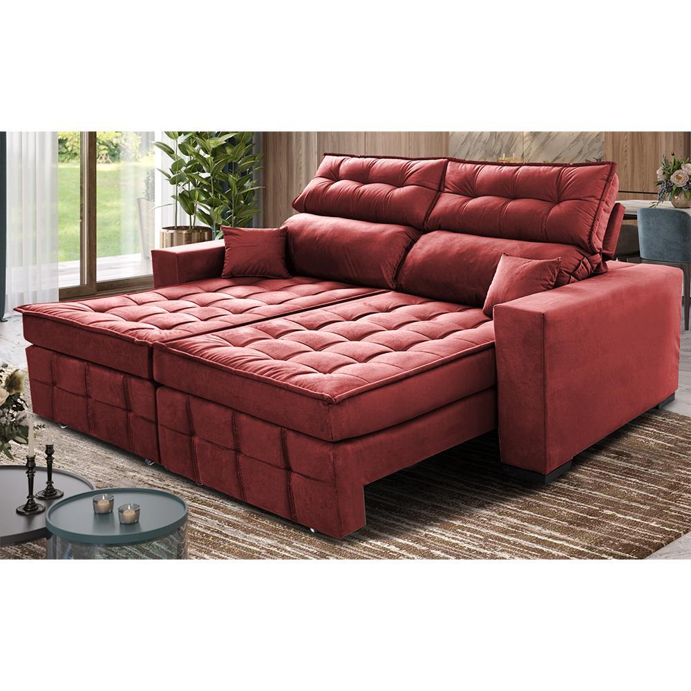 Sofá Retrátil e Reclinável 2,20m Molas Ensacadas e Costura Tripla Cama inBox Japão Velusoft Vermelho - 1