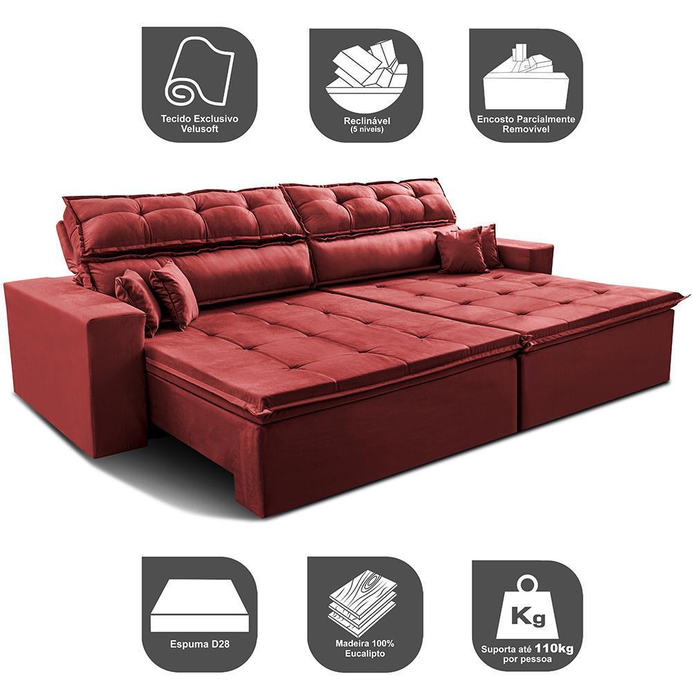 Sofá Retrátil e Reclinável 2,32m Luxos Cama inBox Velusoft Vermelho - 4