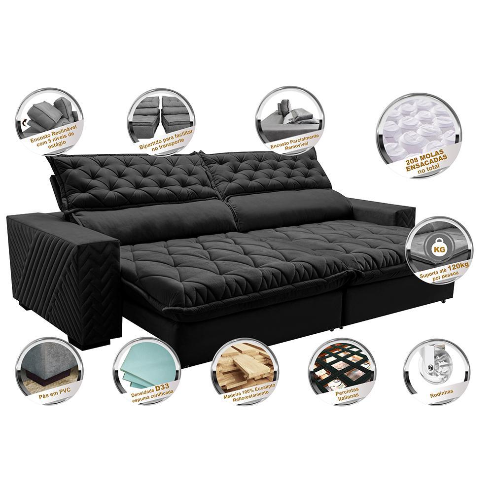Sofá Retrátil e Reclinável 2,35m Molas Ensacadas Cama inBox Spazus com Bordado 3D Velusoft Preto - 4