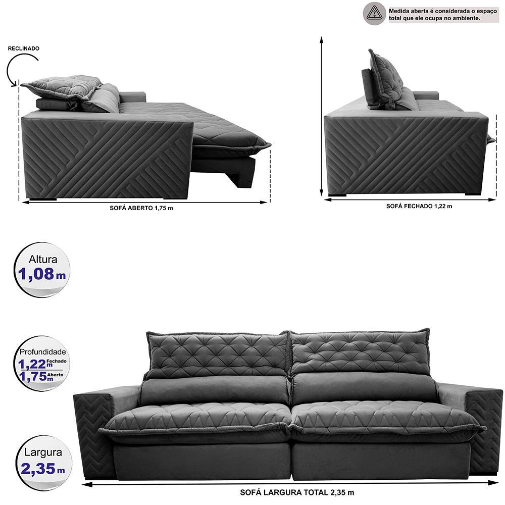 Sofá Retrátil e Reclinável 2,35m Molas Ensacadas Cama inBox Spazus com Bordado 3D Velusoft Cinza - 2