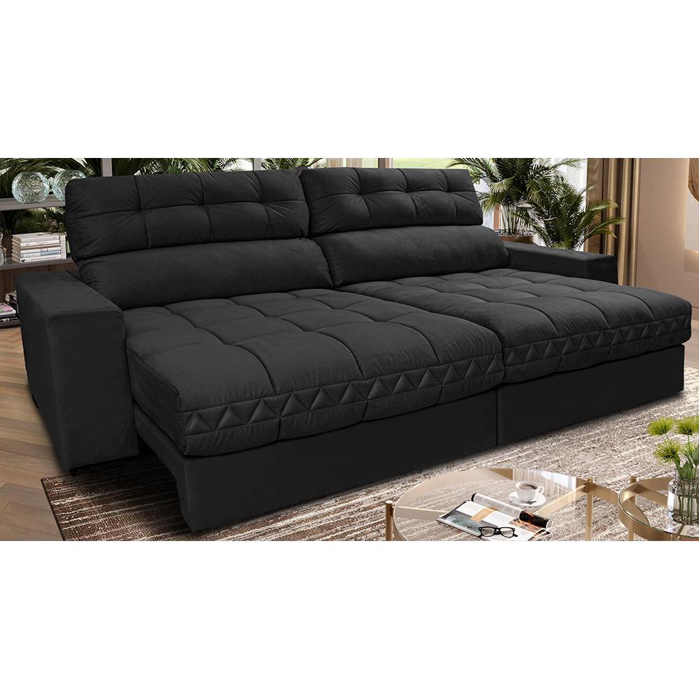 Sofá Retrátil e Reclinável 2,32m Molas Ensacadas Cama inBox Brasil Velusoft Preto - 1