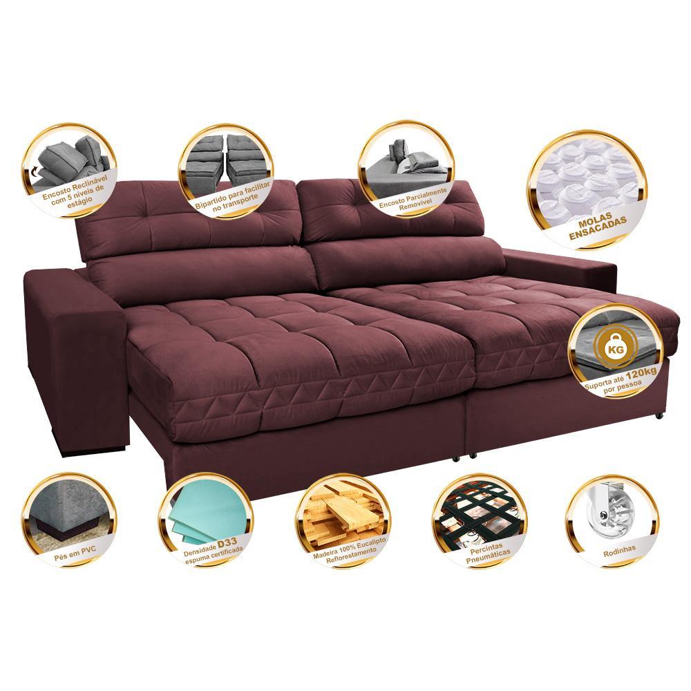Sofá Retrátil e Reclinável 2,32m Molas Ensacadas Cama inBox Brasil Velusoft Vinho - 3