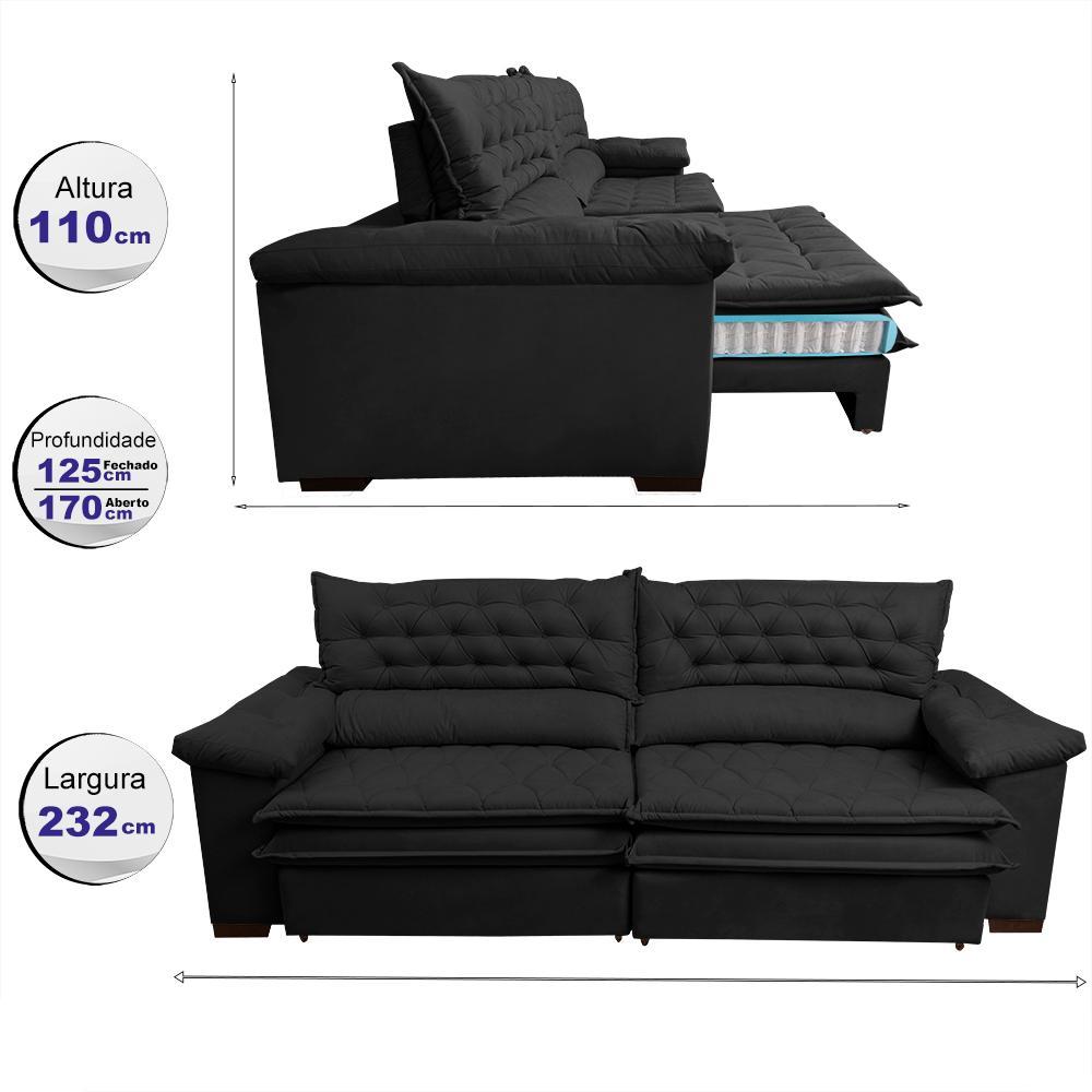 Sofá Retrátil e Reclinável 2,32m Molas Ensacadas Cama inBox Alemanha com Espuma Viscoelástico Velusoft Preto - 2
