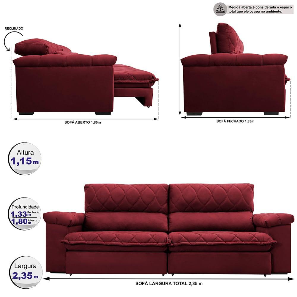 Sofá Retrátil e Reclinável 2,35m Molas Ensacadas Cama inBox Big Home com Bordado 3D Velusoft Vinho - 2
