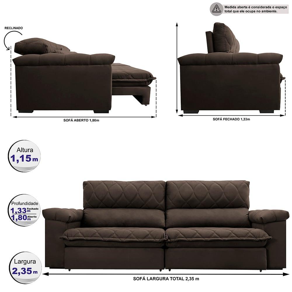 Sofá Retrátil e Reclinável 2,35m Molas Ensacadas Cama inBox Big Home com Bordado 3D Velusoft Café - 2