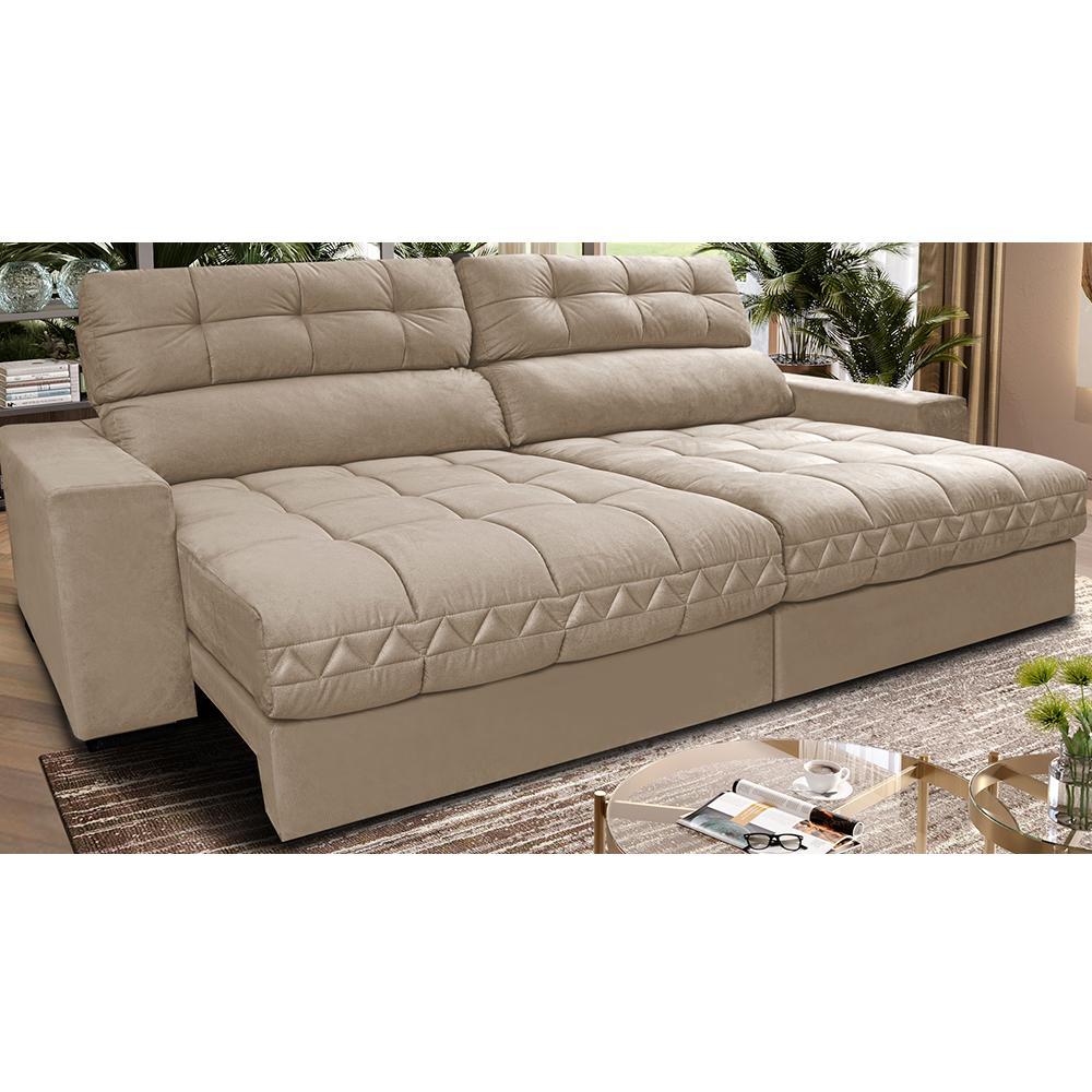 Sofá Retrátil e Reclinável 2,32m Molas Ensacadas Cama inBox Brasil Velusoft Bege - 1