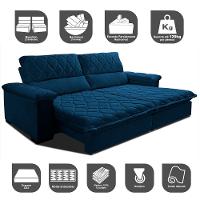 Sofá Retrátil e Reclinável 2,35m Molas Ensacadas Cama inBox Big Home com Bordado 3D Velusoft Azul - 3