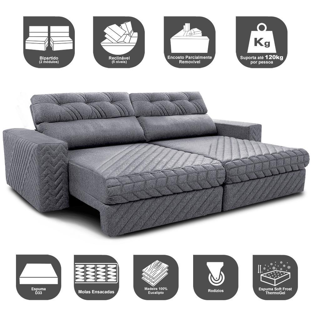 Sofá Retrátil e Reclinável 2,35m Molas Ensacadas Cama inBox Style Thermo Gel Linho Cinza Claro - 3