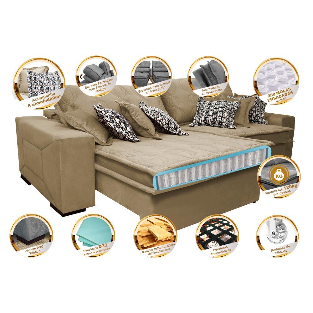 Sofá Retrátil e Reclinável 2,52m com Molas Ensacadas Cama Inbox Supreme Tecido Suede Velusoft Bege - 3