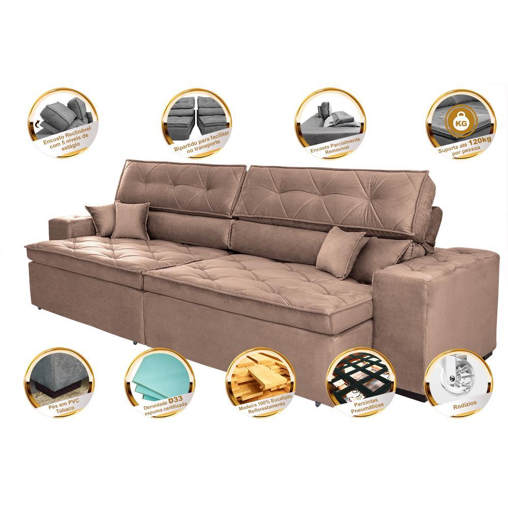 Sofá Retrátil e Reclinável 2,52m com Molas Cama inBox Estilo Suede Velusoft Castor - 3