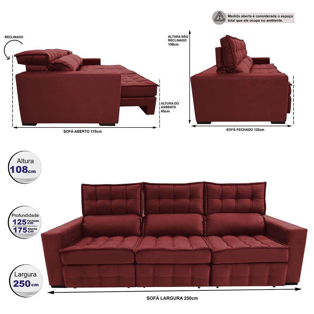Sofá Retrátil e Reclinável 2,50m Molas Ensacadas e Costura Tripla Cama inBox Nobre Suede Vermelho - 2