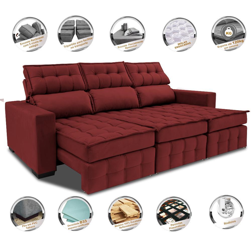 Sofá Retrátil e Reclinável 2,50m Molas Ensacadas e Costura Tripla Cama inBox Nobre Suede Vermelho - 3