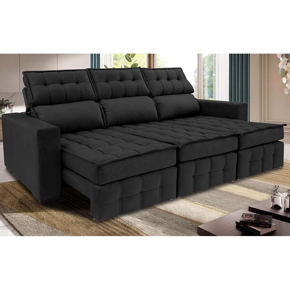 Sofá Retrátil e Reclinável 2,50m Molas Ensacadas e Costura Tripla Cama inBox Nobre Suede Preto - 1