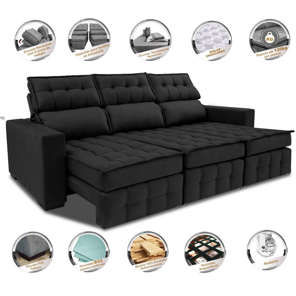 Sofá Retrátil e Reclinável 2,50m Molas Ensacadas e Costura Tripla Cama inBox Nobre Suede Preto - 3