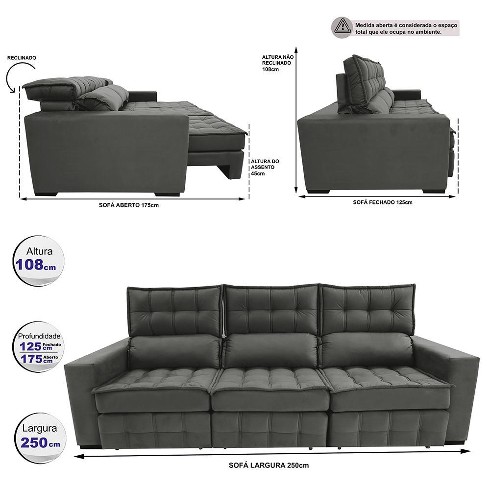 Sofá Retrátil e Reclinável 2,50m Molas Ensacadas e Costura Tripla Cama inBox Nobre Suede Cinza - 2