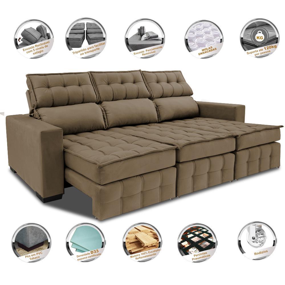 Sofá Retrátil e Reclinável 2,50m Molas Ensacadas e Costura Tripla Cama inBox Nobre Suede Castor - 3