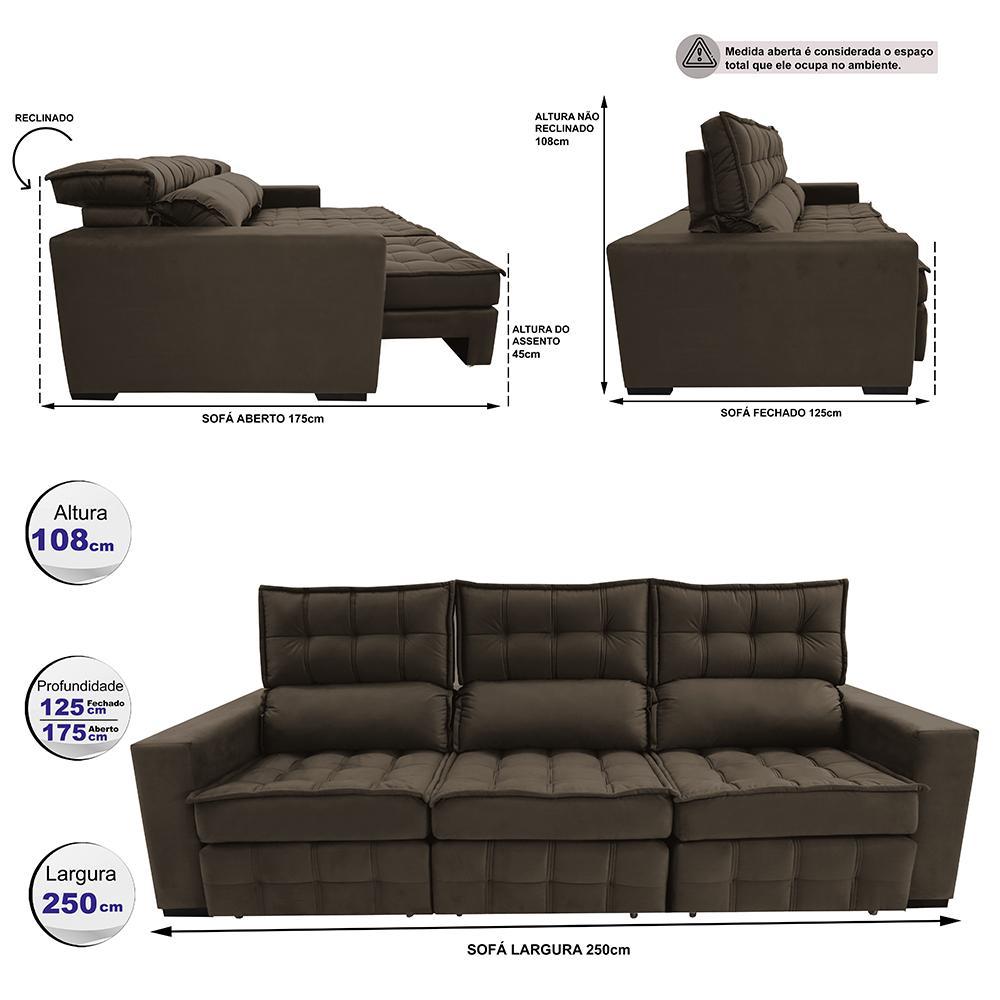 Sofá Retrátil e Reclinável 2,50m Molas Ensacadas e Costura Tripla Cama inBox Nobre Suede Café - 2