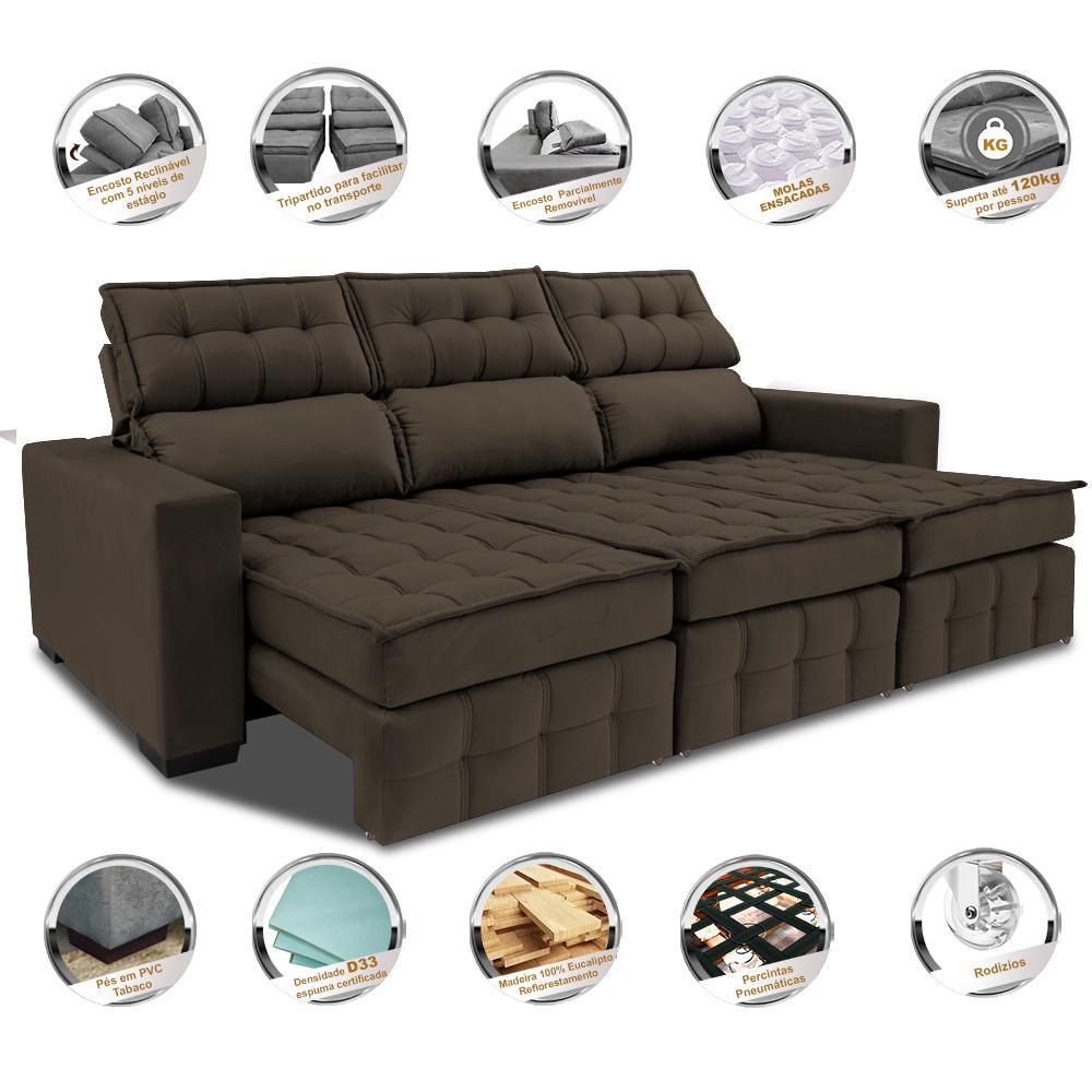 Sofá Retrátil e Reclinável 2,50m Molas Ensacadas e Costura Tripla Cama inBox Nobre Suede Café - 3
