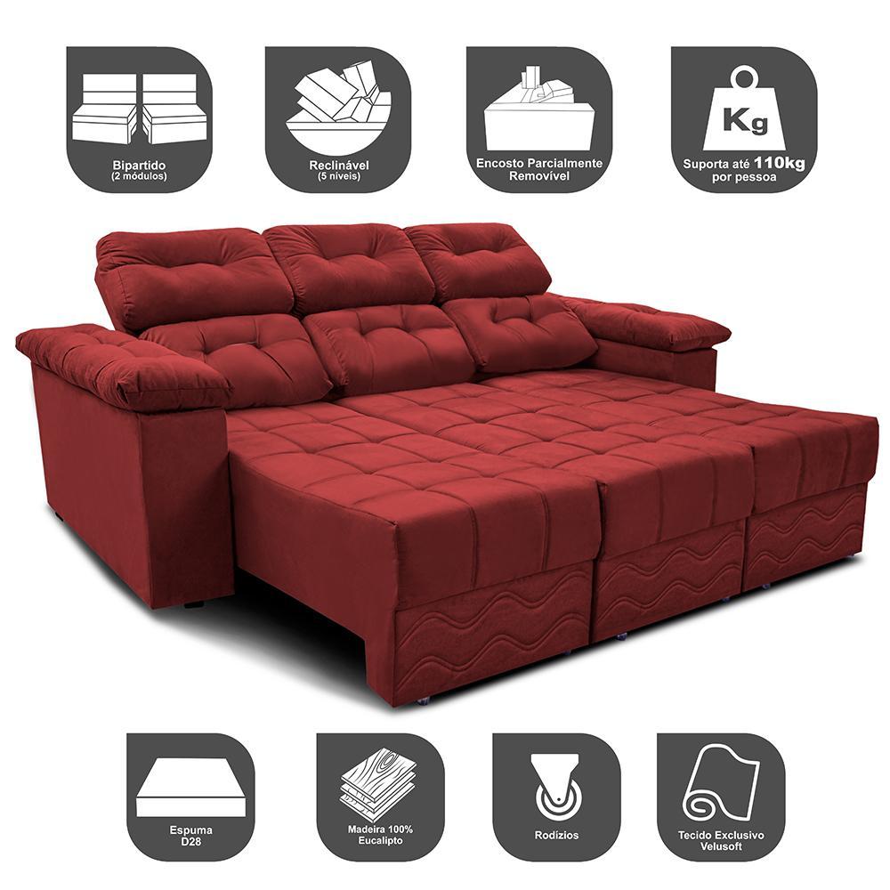 Sofa Itália 2,80 Mts Retrátil e Reclinavel Tecido Suede Vermelho - Cama InBox - 3