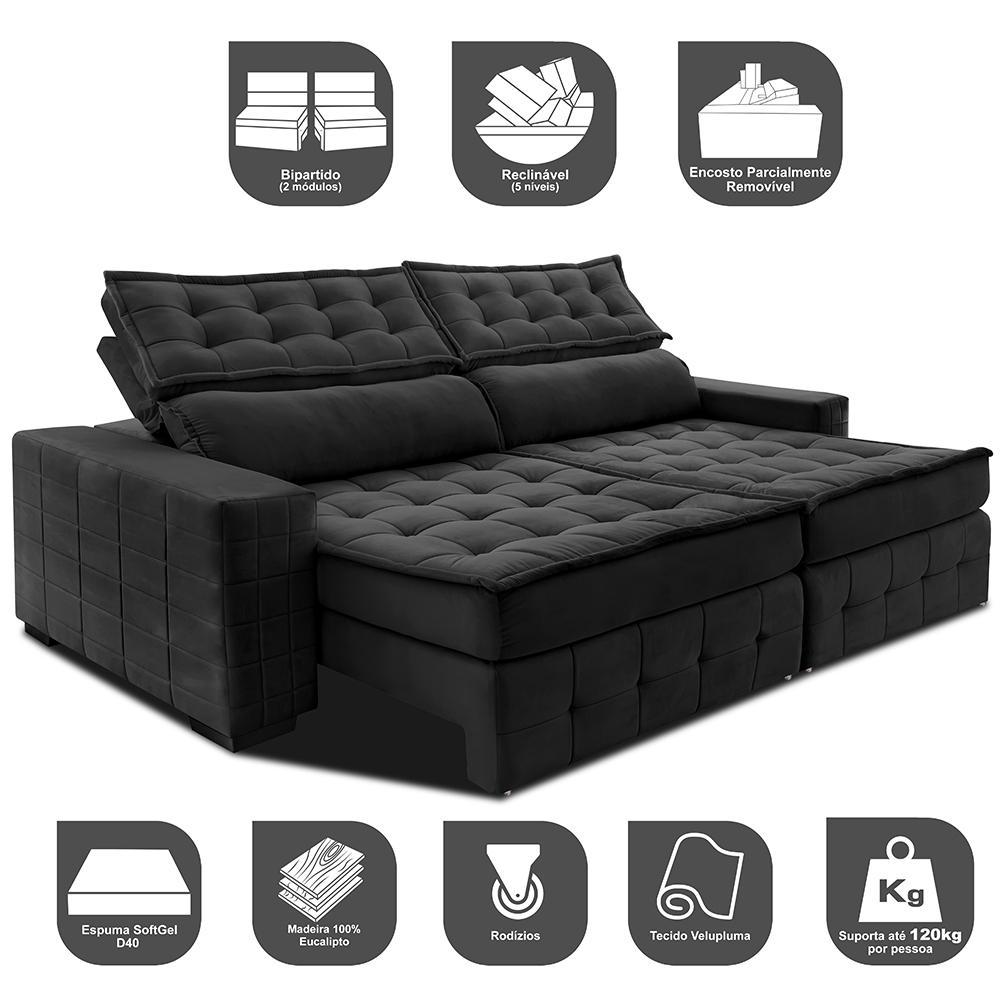 Sofá Retrátil e Reclinável 2,15m Cama inBox Big Puffer com SoftGel D40 Velupluma Preto - 3