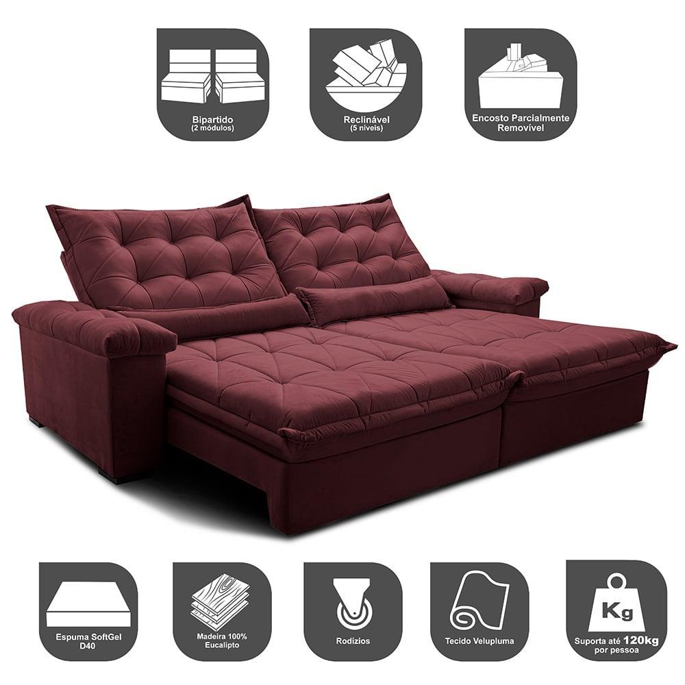 Sofá Retrátil e Reclinável 2,15m Cama inBox Big Fresh com SoftGel D40 Velupluma Vinho - 3