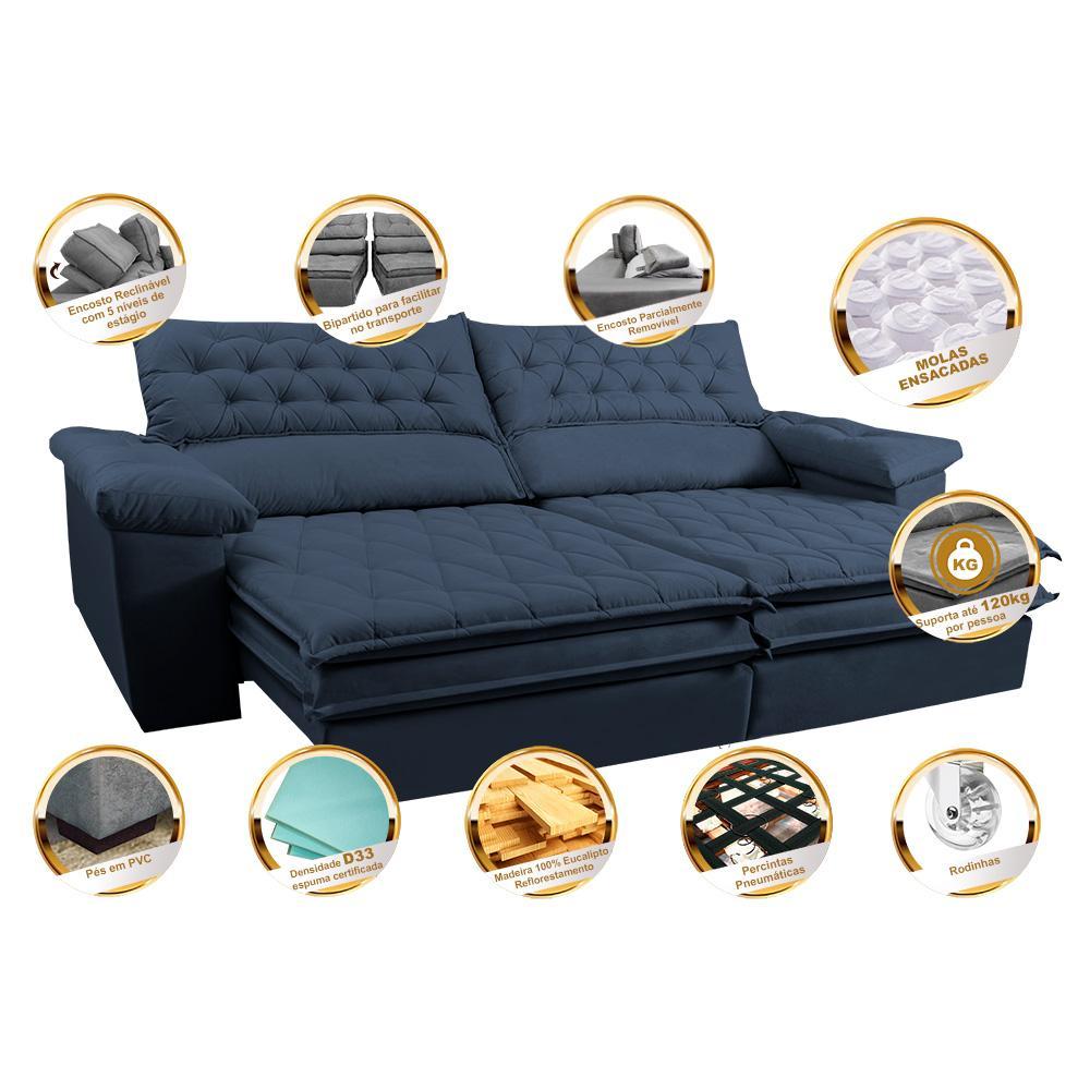 Sofá Retrátil e Reclinável 2,52m Molas Ensacadas Cama inBox Alemanha com Espuma Viscoelástico Velusoft Azul - 3