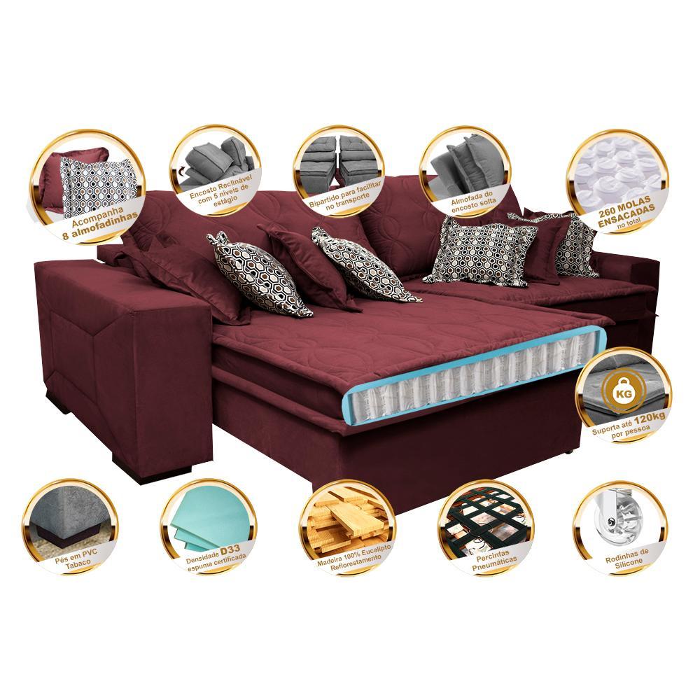 Sofá Retrátil e Reclinável 2,52m com Molas Ensacadas Cama Inbox Supreme Tecido Suede Velusoft Vinho - 3
