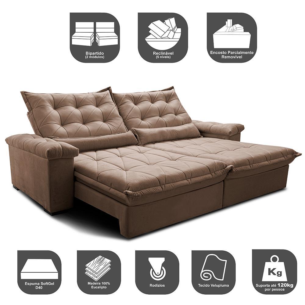 Sofá Retrátil e Reclinável 2,35m Cama inBox Big Fresh com SoftGel D40 Velupluma Castor - 3