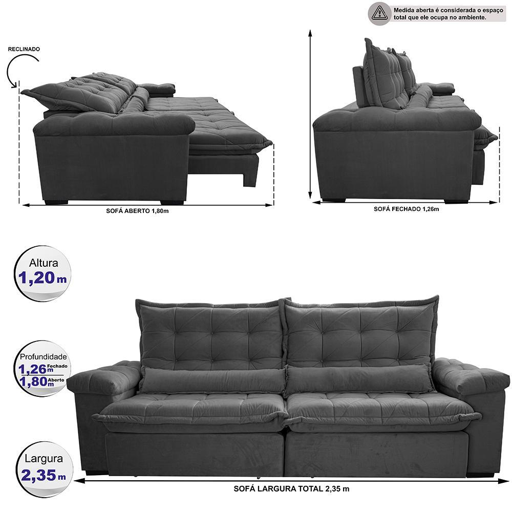 Sofá Retrátil e Reclinável 2,35m Cama inBox Big Fresh com SoftGel D40 Velupluma Cinza - 2