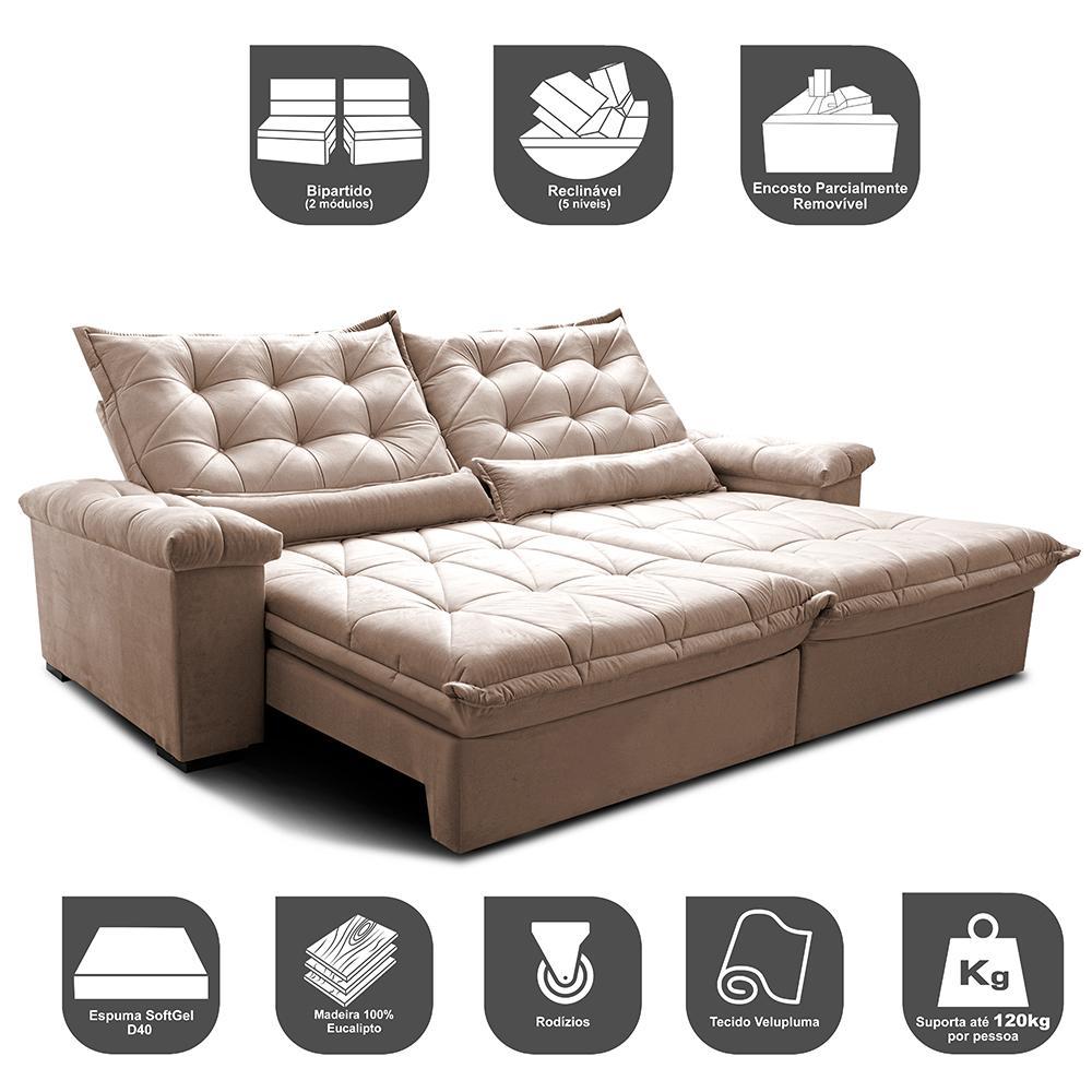 Sofá Retrátil e Reclinável 2,35m Cama inBox Big Fresh com SoftGel D40 Velupluma Bege - 3