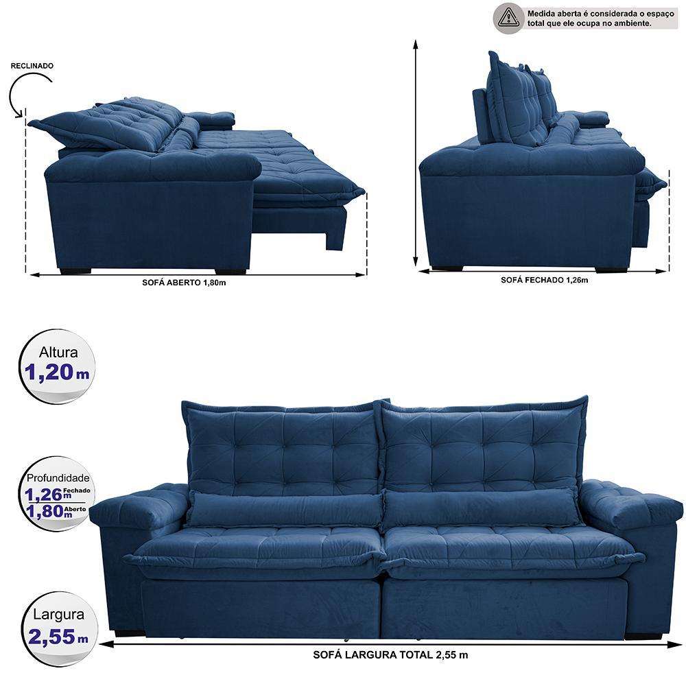 Sofá Retrátil e Reclinável 2,55m Cama inBox Big Fresh com SoftGel D40 Velupluma Azul - 2