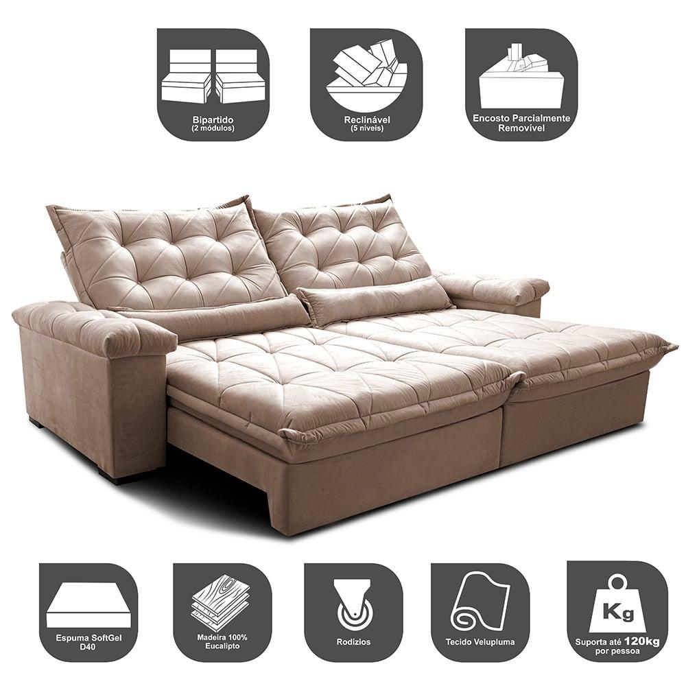 Sofá Retrátil e Reclinável 2,55m Cama inBox Big Fresh com SoftGel D40 Velupluma Bege - 3