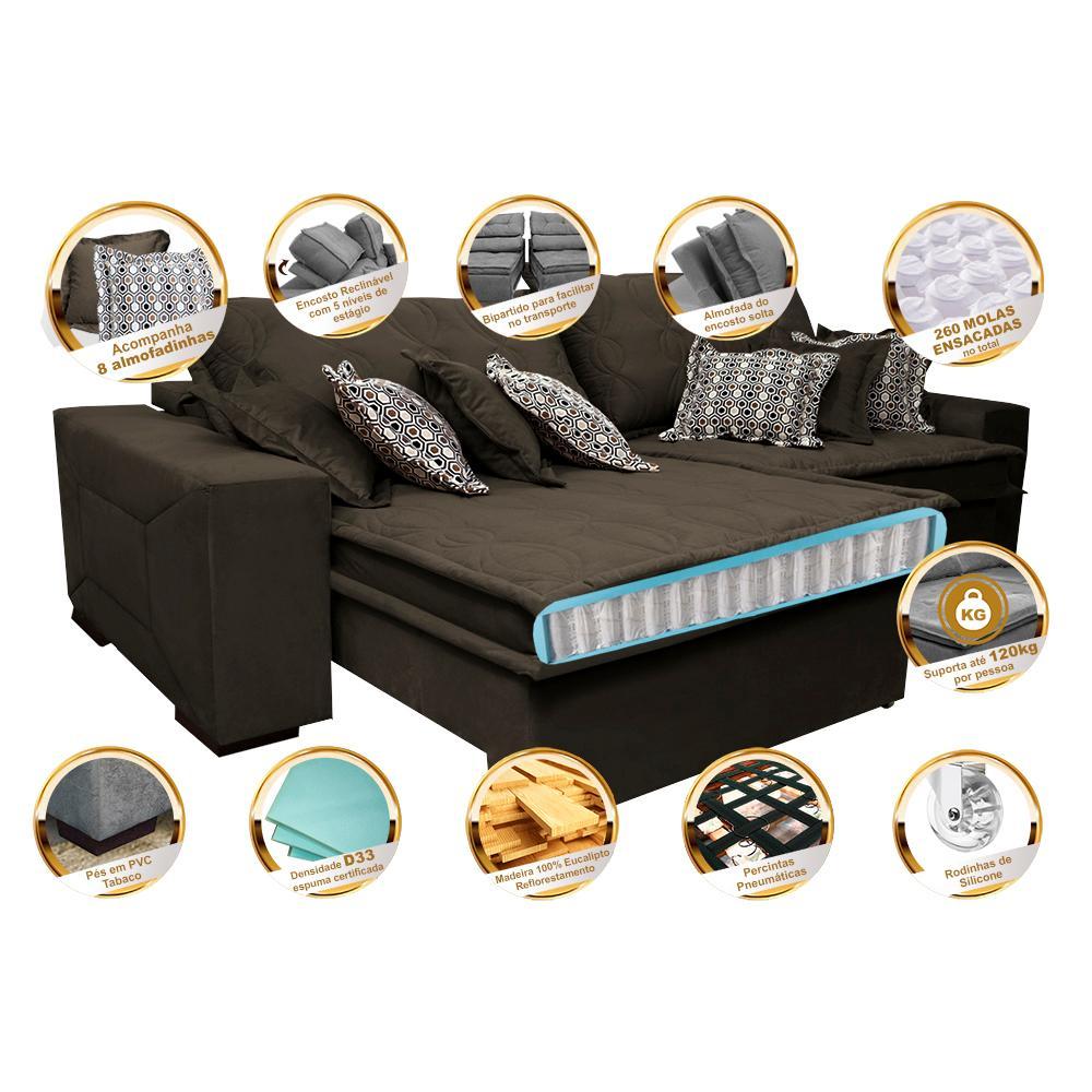 Sofá Retrátil e Reclinável 2,52m com Molas Ensacadas Cama Inbox Supreme Tecido Suede Velusoft Café - 3