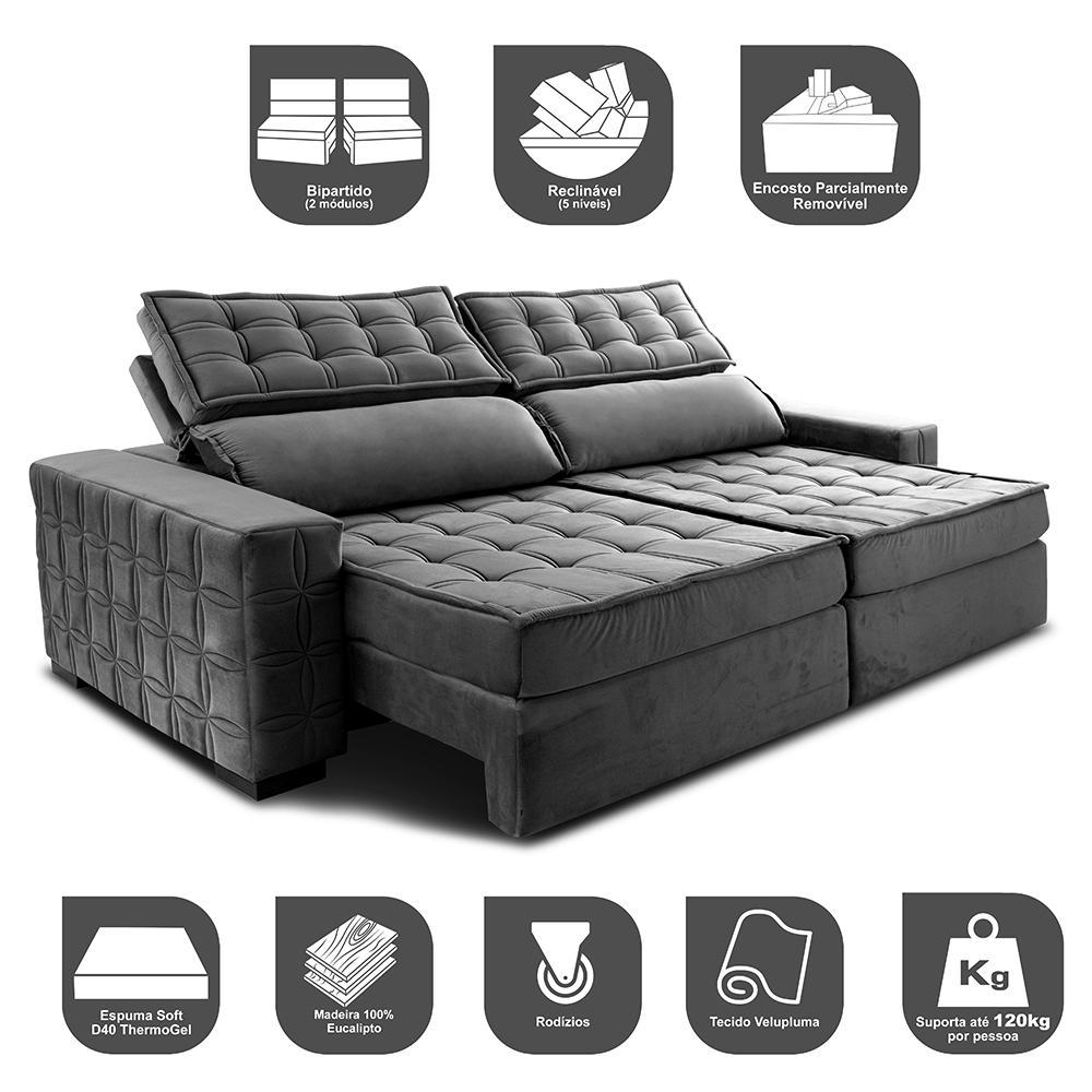 Sofá Retrátil e Reclinável 2,35m Cama inBox Big Star com SoftGel D40 Velupluma Cinza - 3